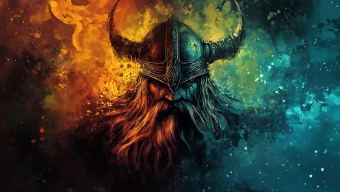Fiery viking warrior emerging from stormy painted mist.