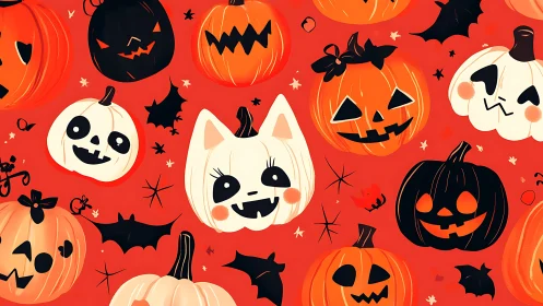 Carved Pumpkin Carnival: Jack-O'-Lanterns Dance Across Crimson Canvas