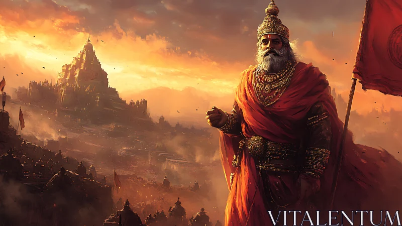 Sunlit king before fortress city in burning dusk sky.