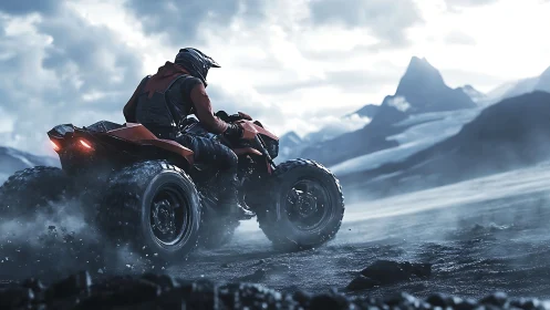 Quad bike rider shreds misty tundra beneath jagged peaks