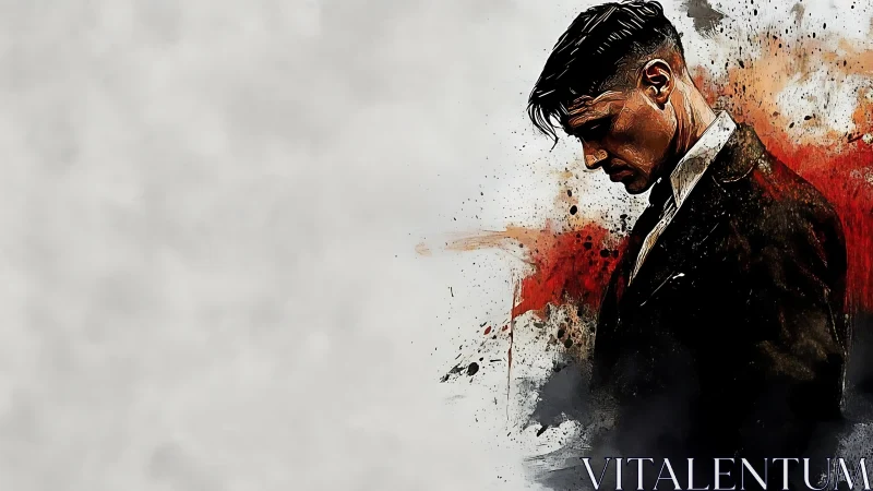 Somber suited figure amid splattered chromatic turbulence.