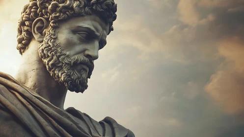 Stone statue of bearded man gazes downward against clouds