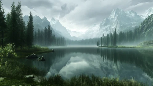Misty alpine lake reflects towering pine forests in silence