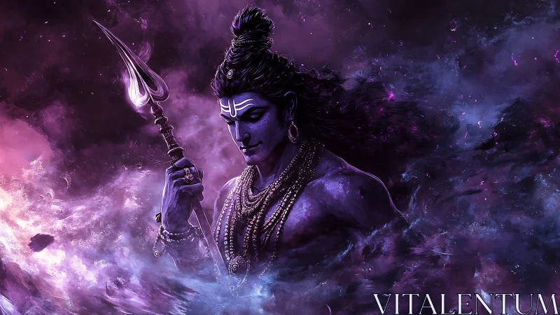Mystic blue deity stands calm within swirling cosmic mist