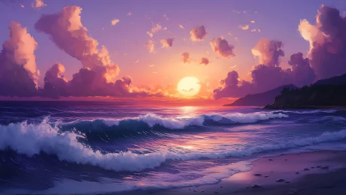 Gentle twilight waves under a dreamy cotton-candy sky.