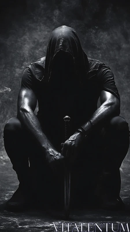 Hooded warrior crouches in chiaroscuro with grounded sword.