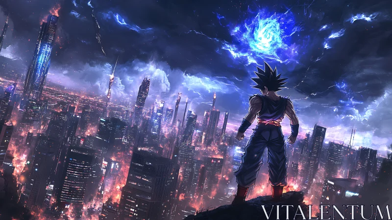 Anime warrior over futuristic burning city at night.