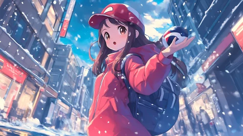 Girl in red jacket walks through snowy city street