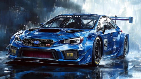 Electric blue race car poised for a thrilling wet lap.