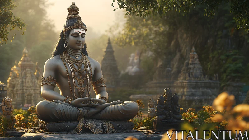 Serene stone deity meditating in lush sunrise temple garden