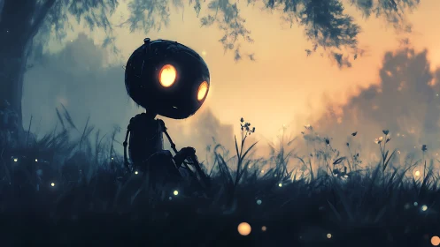 Small robot figure seated in meadow at dusk lighted horizon.