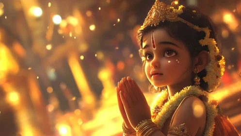 Golden temple glow around a child in quiet prayer.