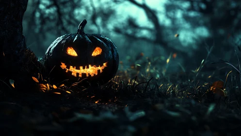 Midnight jack o lantern grinning in a misty forest glow.