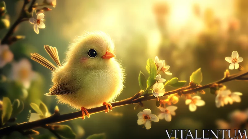 Sunlit fluffball perches on blossom branch and quietly glows