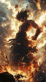 Fiery anime warrior emerging from blazing destruction.