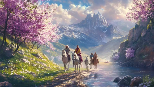 Riders on white horses follow river through spring valley.