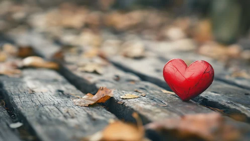 Red heart rests on weathered wood surface amid autumn debris.
