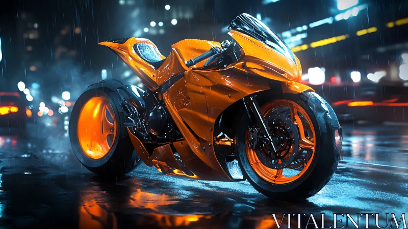 Orange sport motorcycle on wet city street at night.