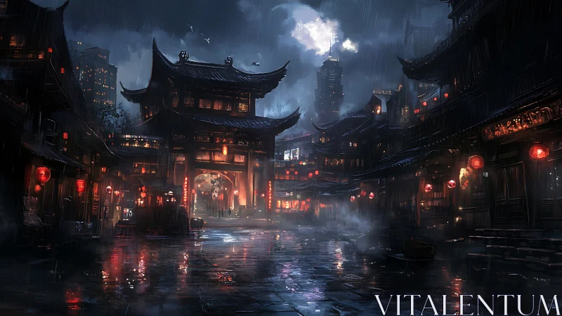 Rain-soaked neon temple street glows under a stormy night sky