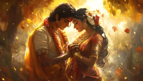 Golden Moment: Two Souls Intertwine in Radiant Floral Splendor