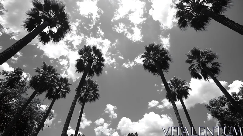 Palm silhouettes circling a dreamy, cloud-splashed sky.