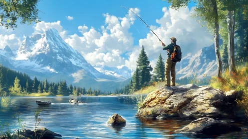 Digital painting of alpine lake angler with atmospheric depth.