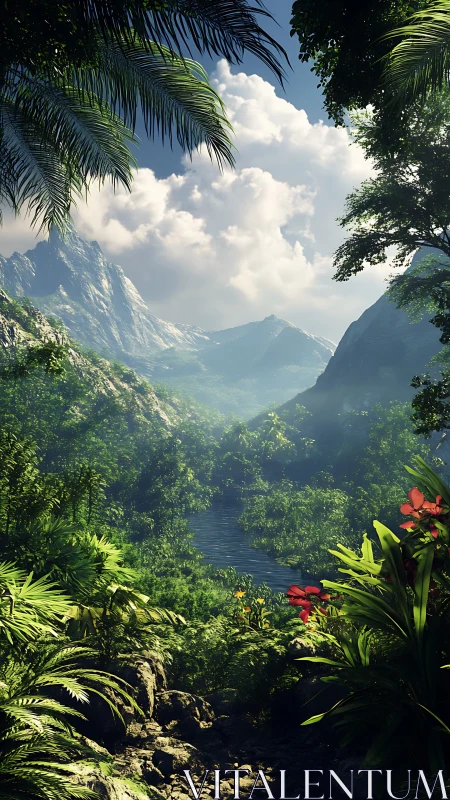 Lush tropical valley with river and distant mountains.