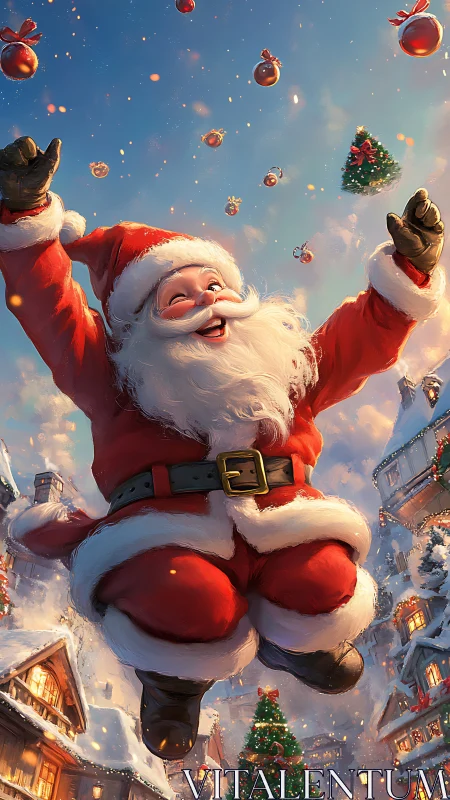 Joyful Santa leaping above snowy village at Christmas.