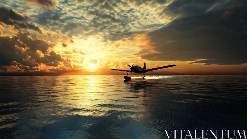Floatplane skims reflective ocean beneath high-contrast sunset