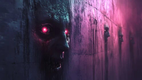 Neon-eyed phantoms emerge from a haunted concrete wall.
