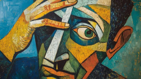 Cubist portrait of a pensive man with hand on face, vibrant colors.