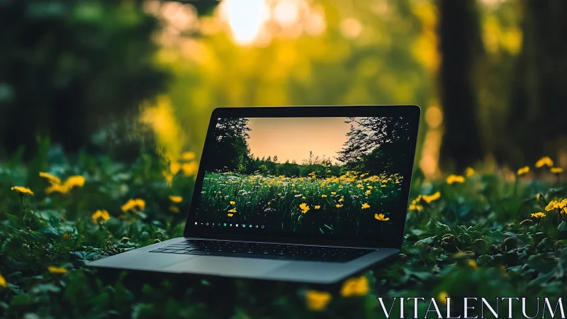 Laptop computer rests on ground within dense green vegetation