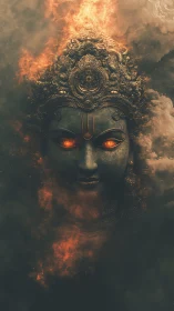 Divine stone visage rises through fire and dense smoke.