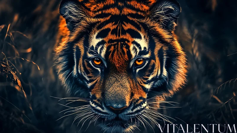 Intense digital tiger portrait with glowing amber eyes in dark brush.