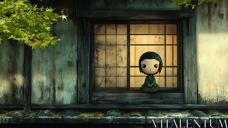 Quiet window spirit perches in a weathered wooden teahouse frame