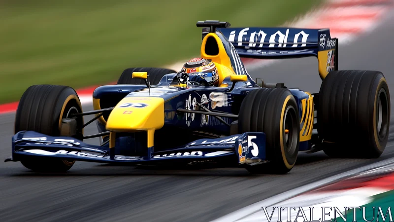 Formula race car attacks apex with vivid blue livery.