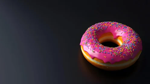 Realistic 3D donut with pink icing and sprinkles on dark background.