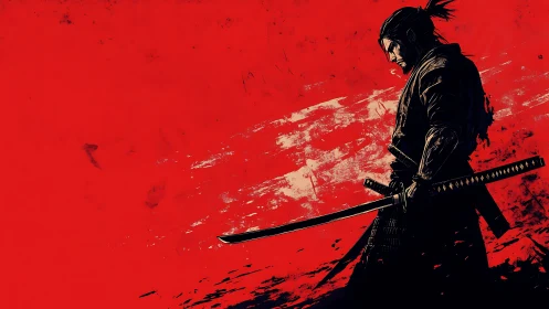 Lone samurai stalks crimson silence with storm-bright steel.