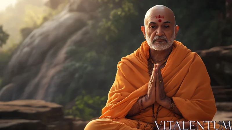 Serene monk in saffron robes meditates in soft forest light