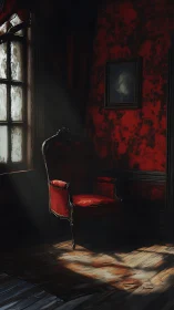 Sunlit red armchair inviting quiet moments in a moody room.