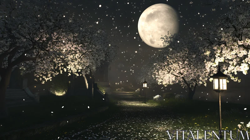 Moonlit blossom path glowing softly beneath spring petals.