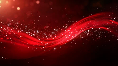 Abstract red wave with sparkling light particles, digital art style.