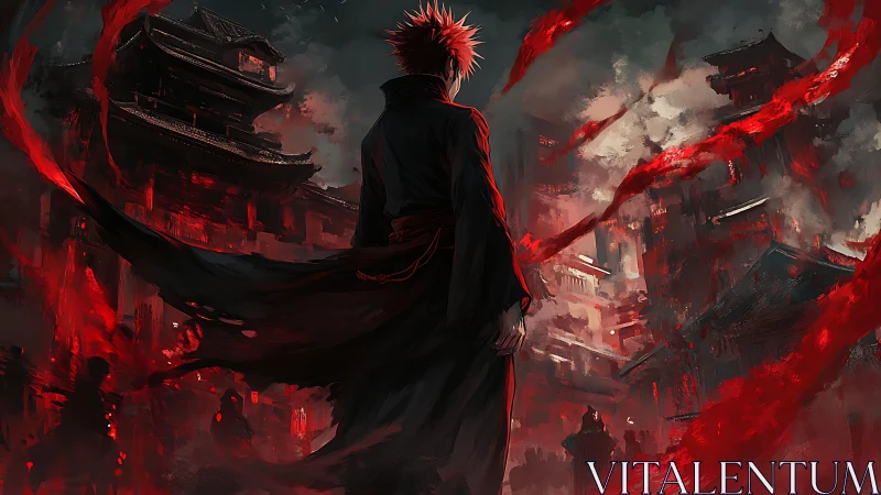 Red-tinged warrior surveys infernal cityscape with turbulent energy