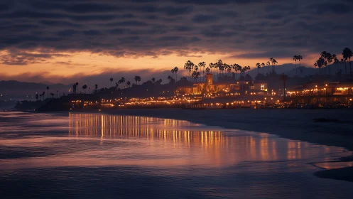 Coastal resort skyline renders warm bokeh lighting at dusk