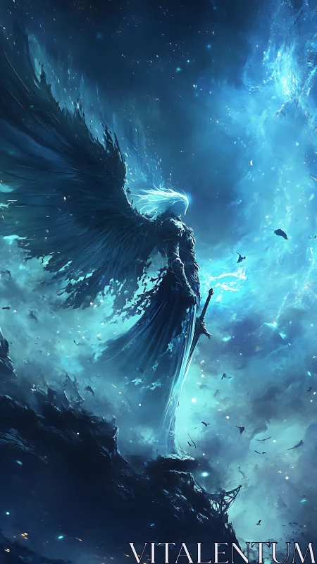 Winged armored figure stands on rocky edge in luminous void