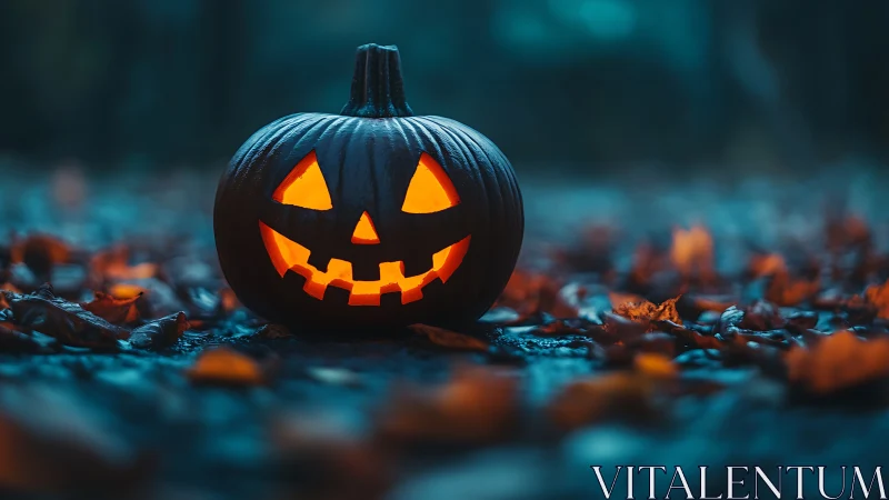 Jack-o-lantern sits illuminated on damp leaf-covered ground