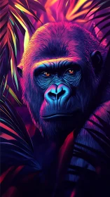 Bioluminescent gorilla portrait rendered in neon jungle lighting
