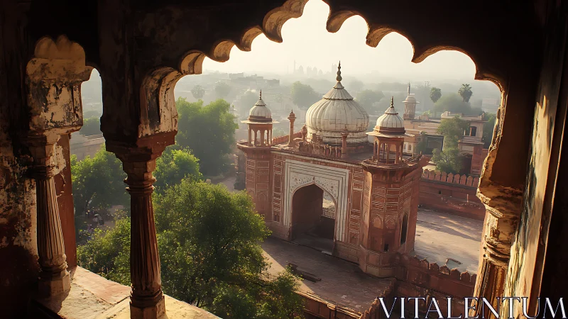 Golden haze over a Mughal gateway framed by crumbling archways.