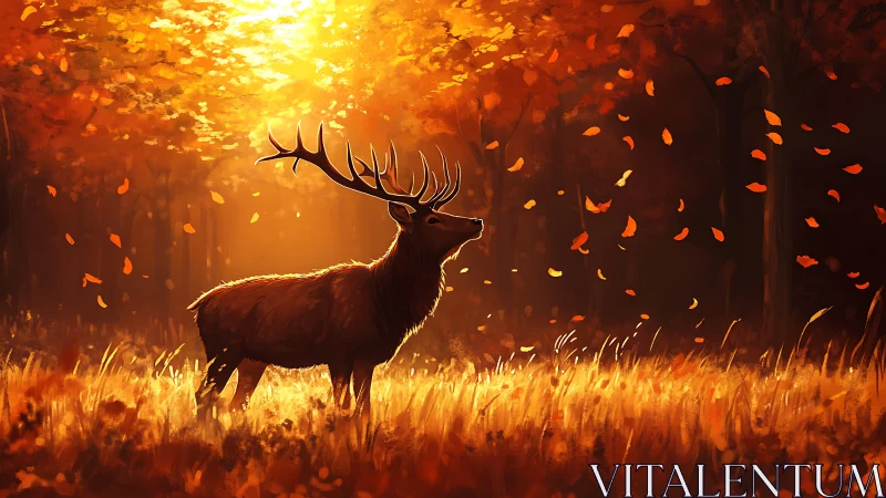 Majestic stag basking in golden autumn forest glow.