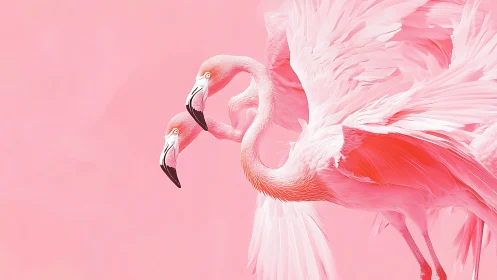 Two pale pink flamingos with wings spread in soft light.